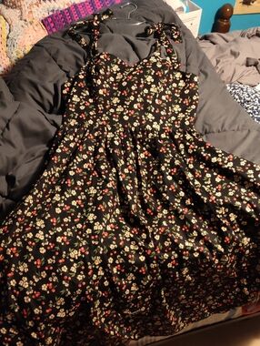 Express Black Midi Dress with Red Cherry & Cream Floral Print